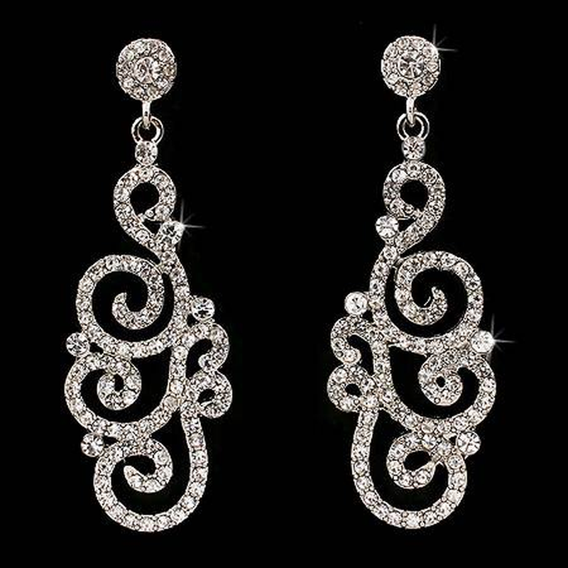 Bridal Wedding Crystal Rhinestone Swirl Vintage Dangle Earrings Silver - Image 3