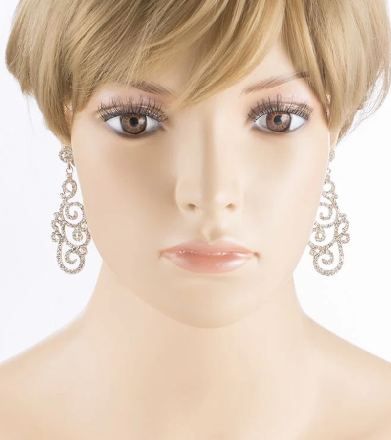 Bridal Wedding Crystal Rhinestone Swirl Vintage Dangle Earrings Silver - Image 4