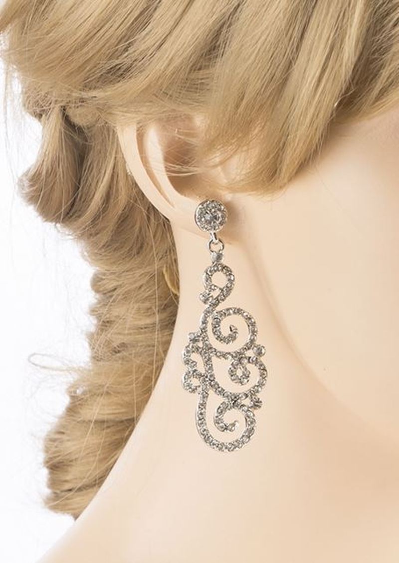Bridal Wedding Crystal Rhinestone Swirl Vintage Dangle Earrings Silver - Image 6