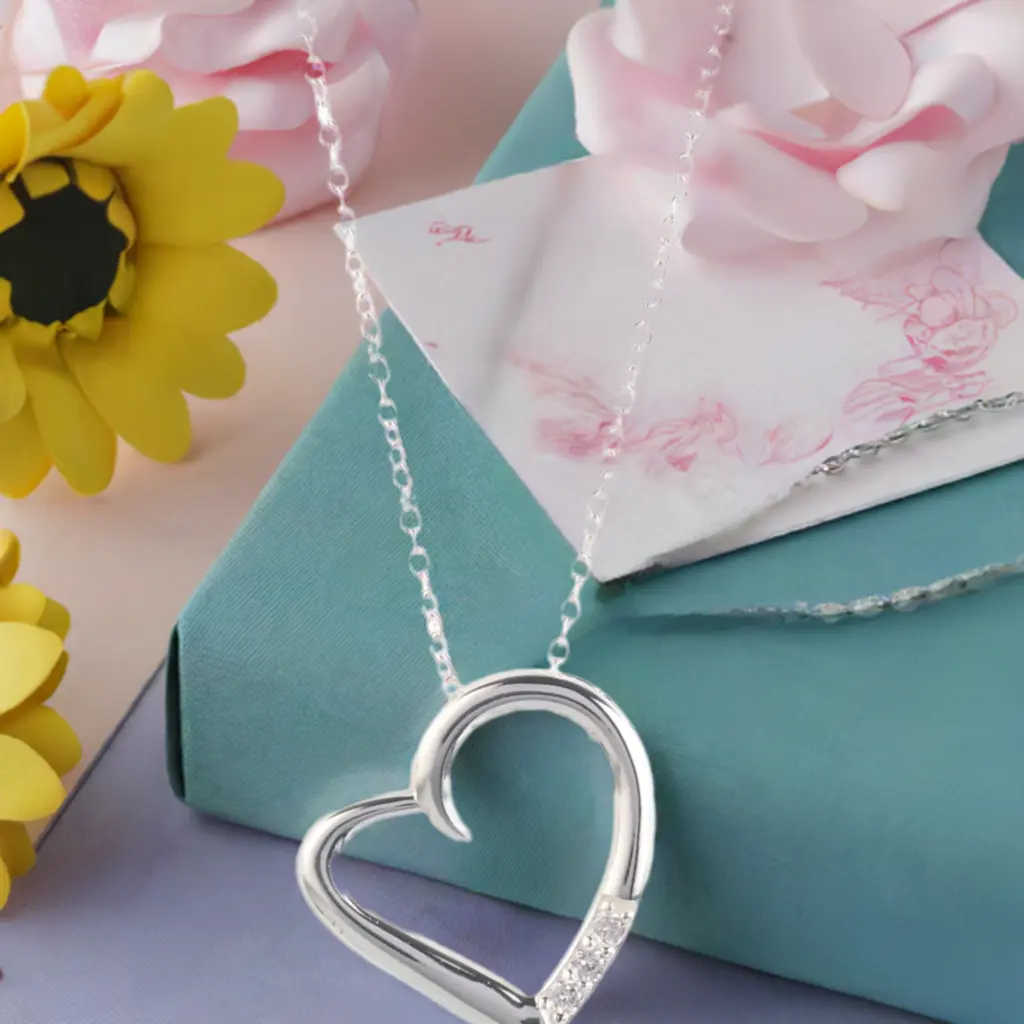 14K Silver Plated Necklace Love Heart Pave Pendant Necklace - Image 8