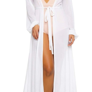 Sexy Thin Mesh Long Sleeve Tie Front Swimsuit Swim Beach Maxi Cover up Dress