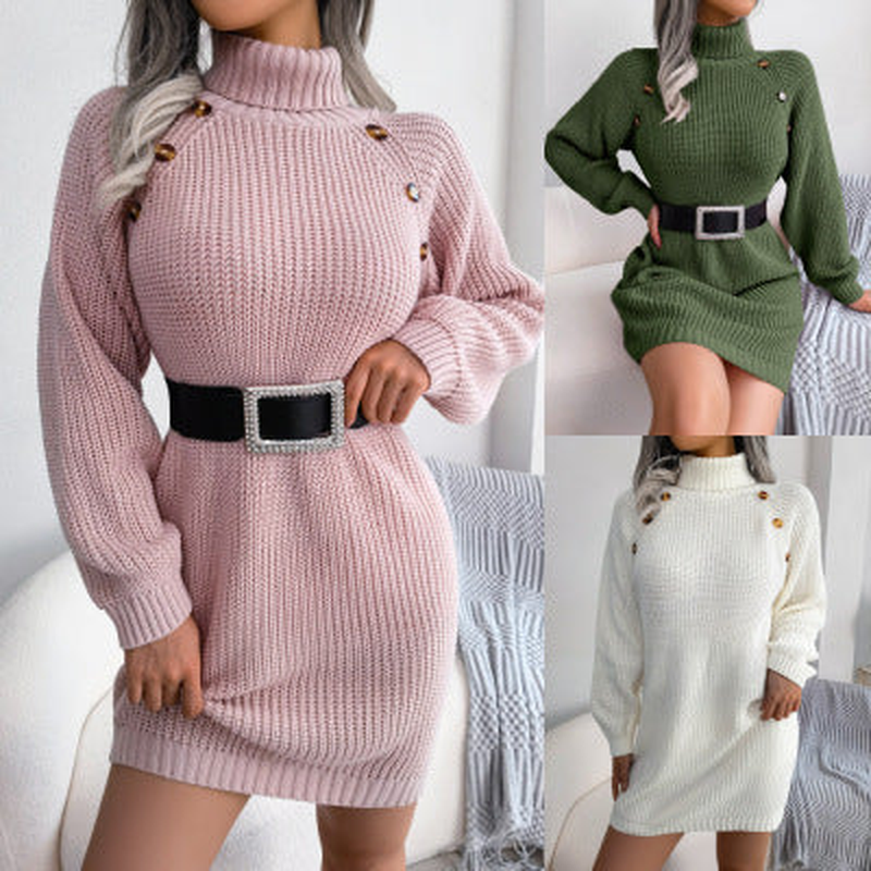 Winter Turtleneck Long Sweater Dress with Button Design Leisure Clinch Long Sleeve Base Sweater Women - Image 3