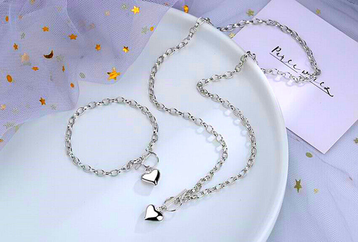 Heart Pendant 925 Sterling Silver Plated Chain Necklace Bracelet Women Jewellery - Image 4